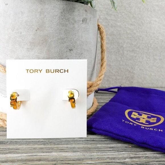 Tory Burch Serif-T Enamel Huggie Hoop Earrings Gold/Lemon OS - Picture 8 of 12